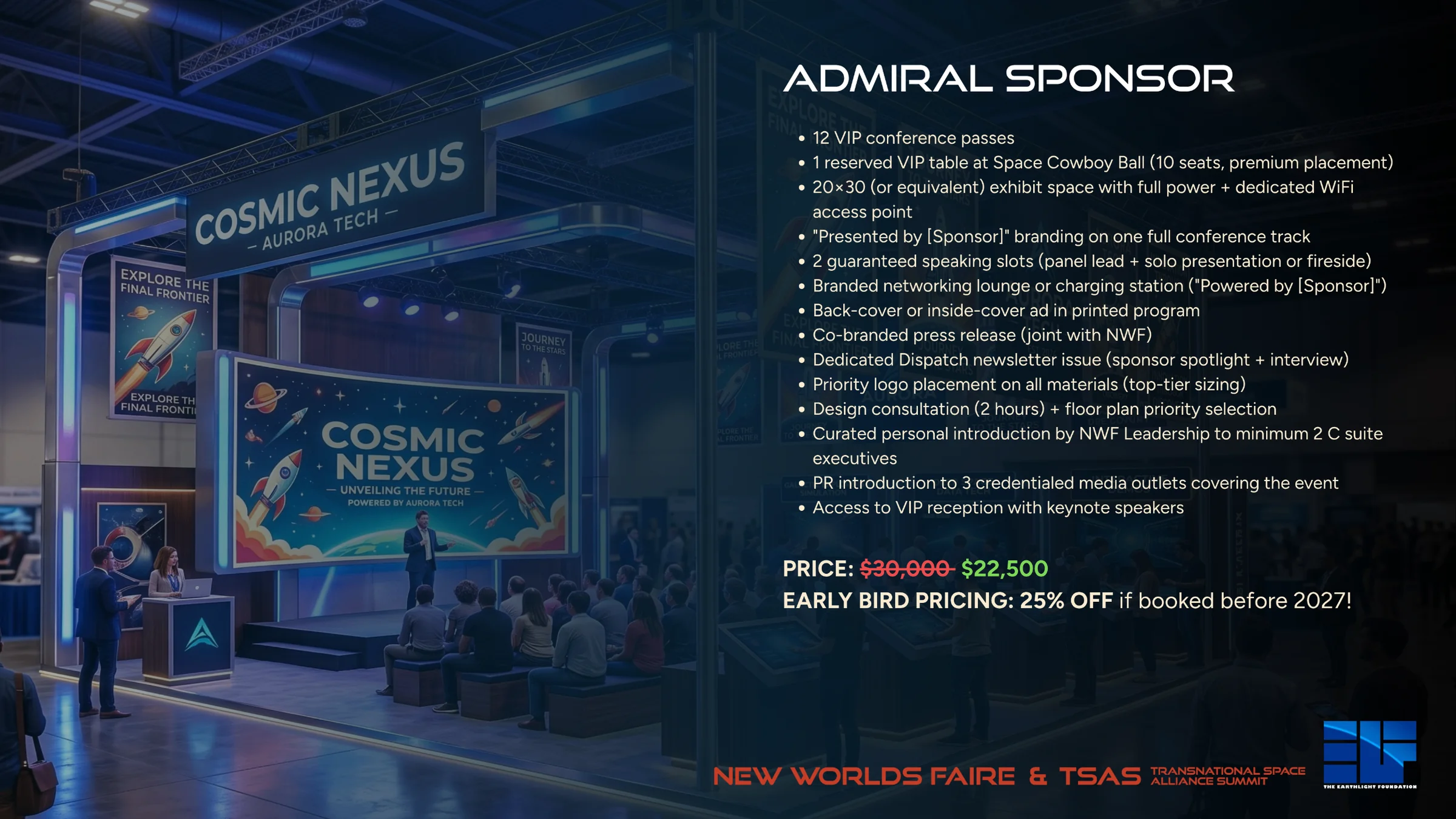 Admiral Sponsor: 12 VIP passes, 20x30 exhibit space, 2 guaranteed speaking slots, presenting branding on one conference track. $30,000, or $22,500 early bird.