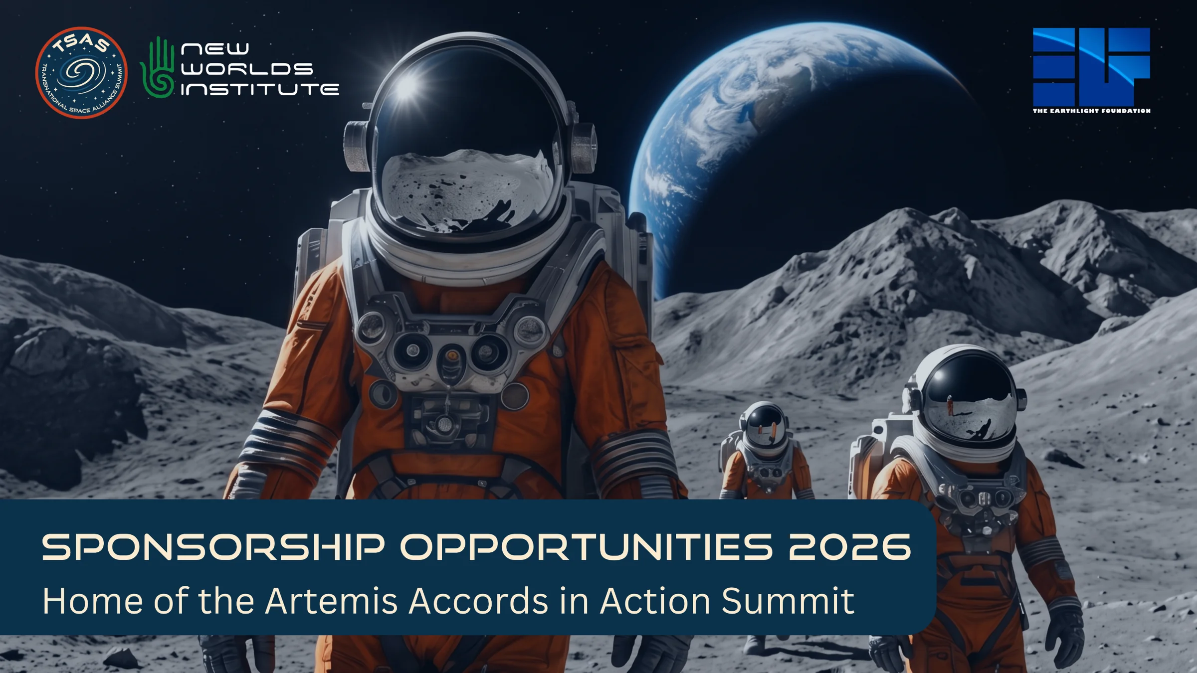 Sponsorship Opportunities 2026: Home of the Artemis Accords in Action Summit. TSAS, New Worlds Institute and EarthLight Foundation.