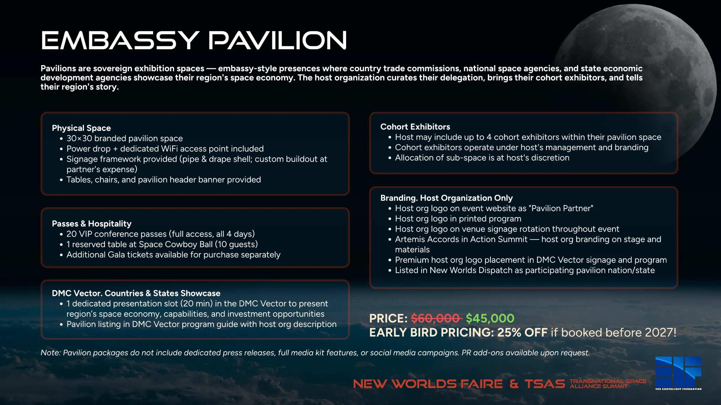 Embassy Pavilion: 30x30 space, 4 cohort exhibitors, 20 VIP passes, 1 DMC Vector slot. $60,000, or $45,000 early bird.