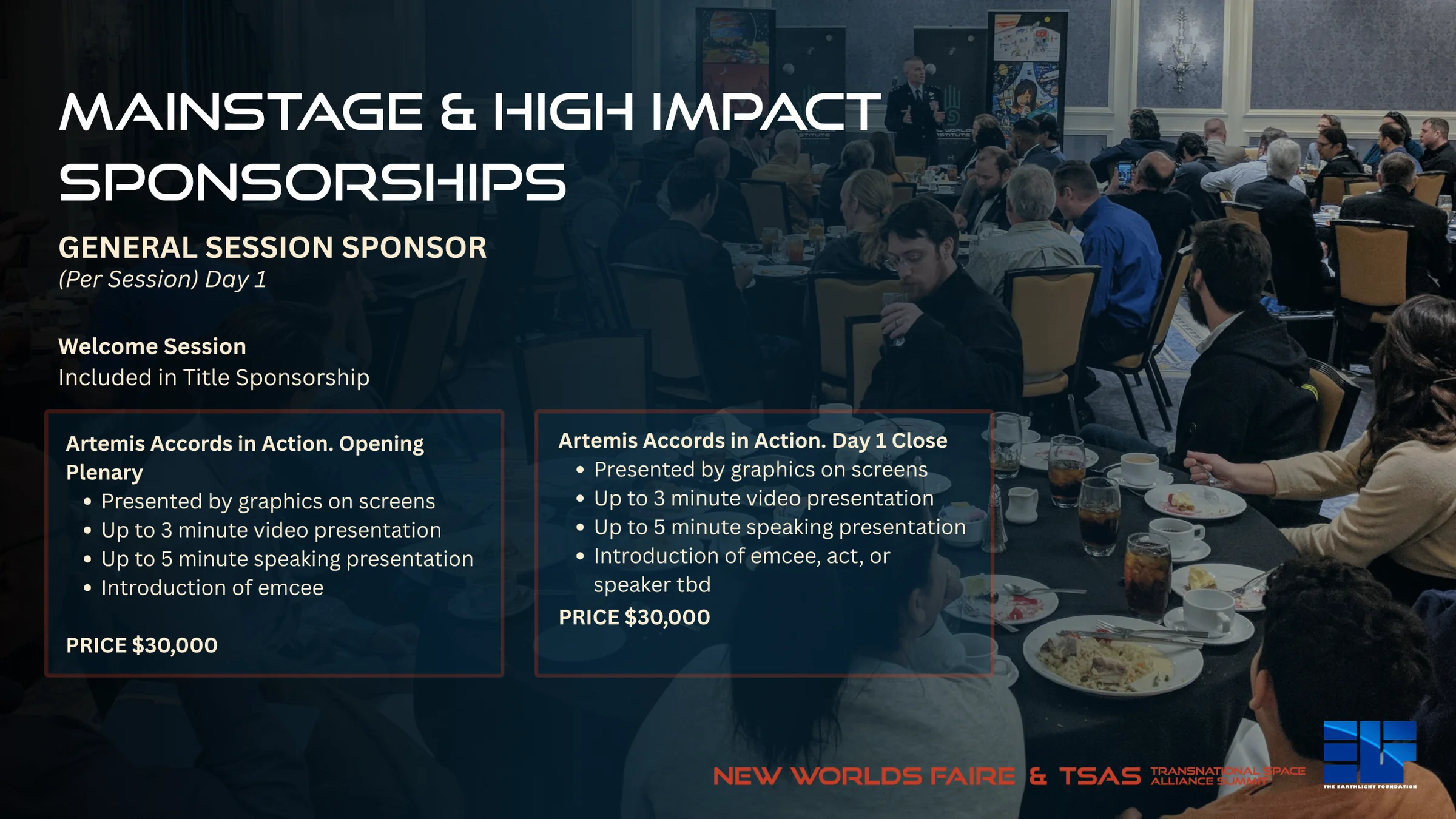 General Session Sponsor, Day 1: Artemis Accords in Action Opening Plenary and Day 1 Close, $30,000 each. Welcome Session included in Title Sponsorship.