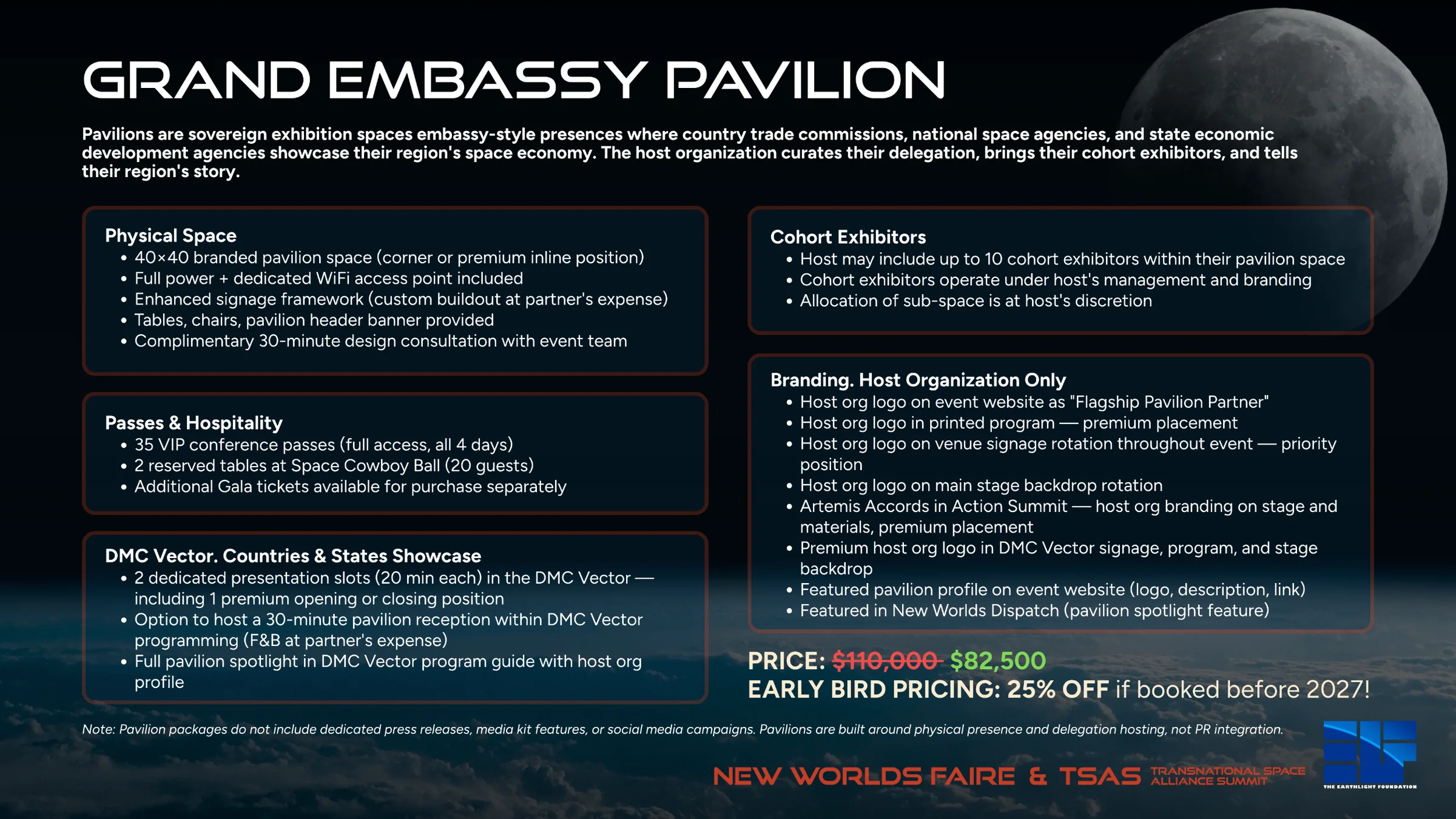 Grand Embassy Pavilion: 40x40 space, 10 cohort exhibitors, 35 VIP passes, 2 DMC Vector slots. $110,000, or $82,500 early bird.