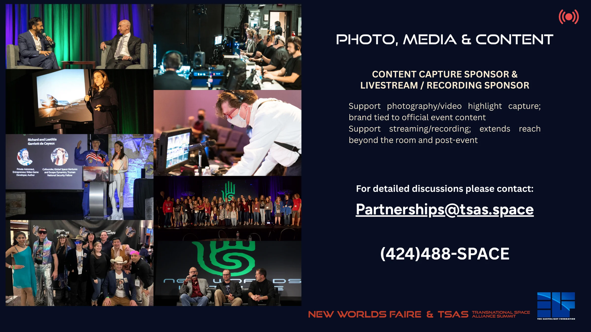 Photo, Media and Content: Content Capture Sponsor and Livestream/Recording Sponsor. Contact partnerships@tsas.space or (424) 488-SPACE.