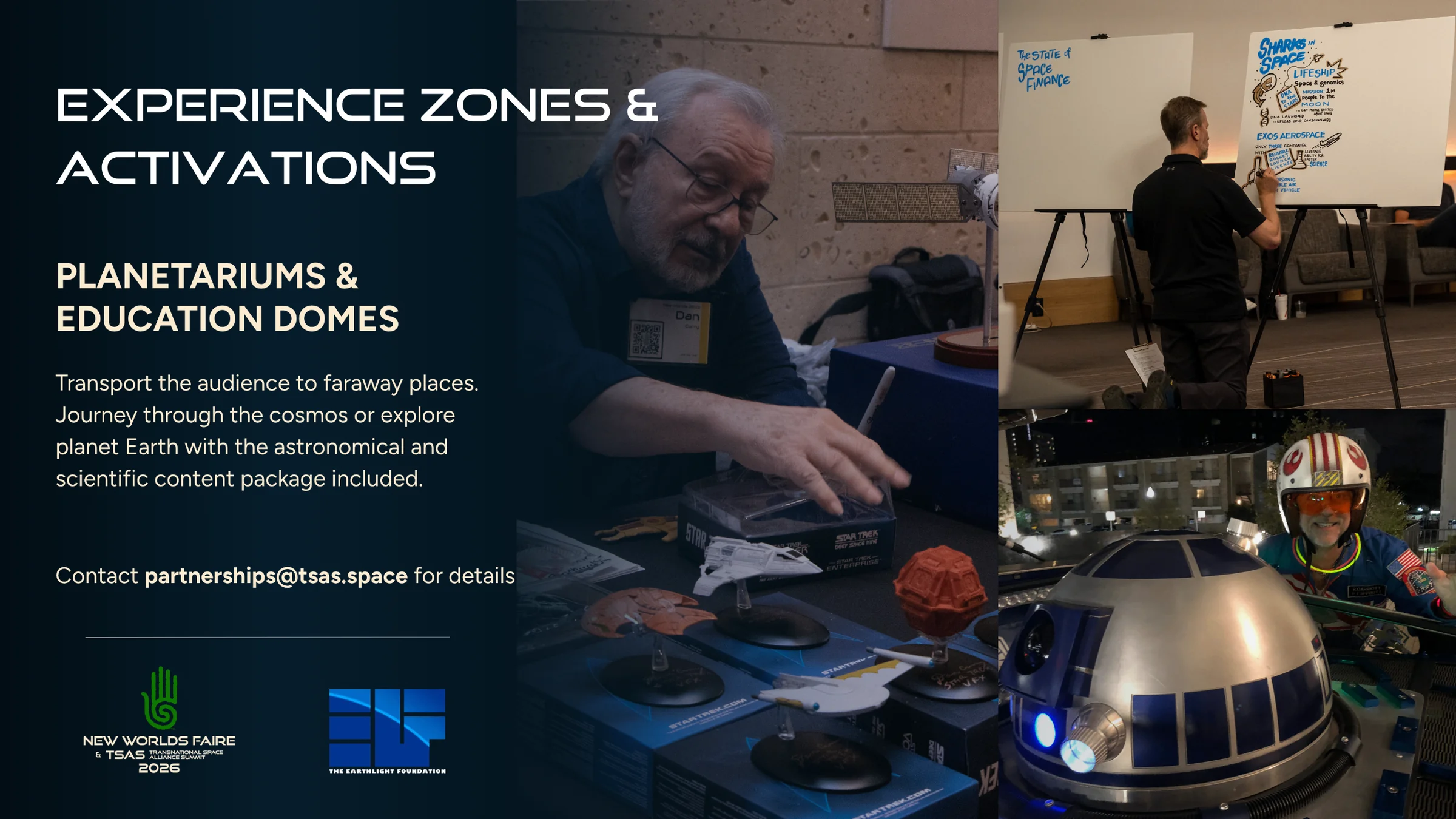 Experience Zones and Activations: Planetariums and Education Domes with astronomical and scientific content included.