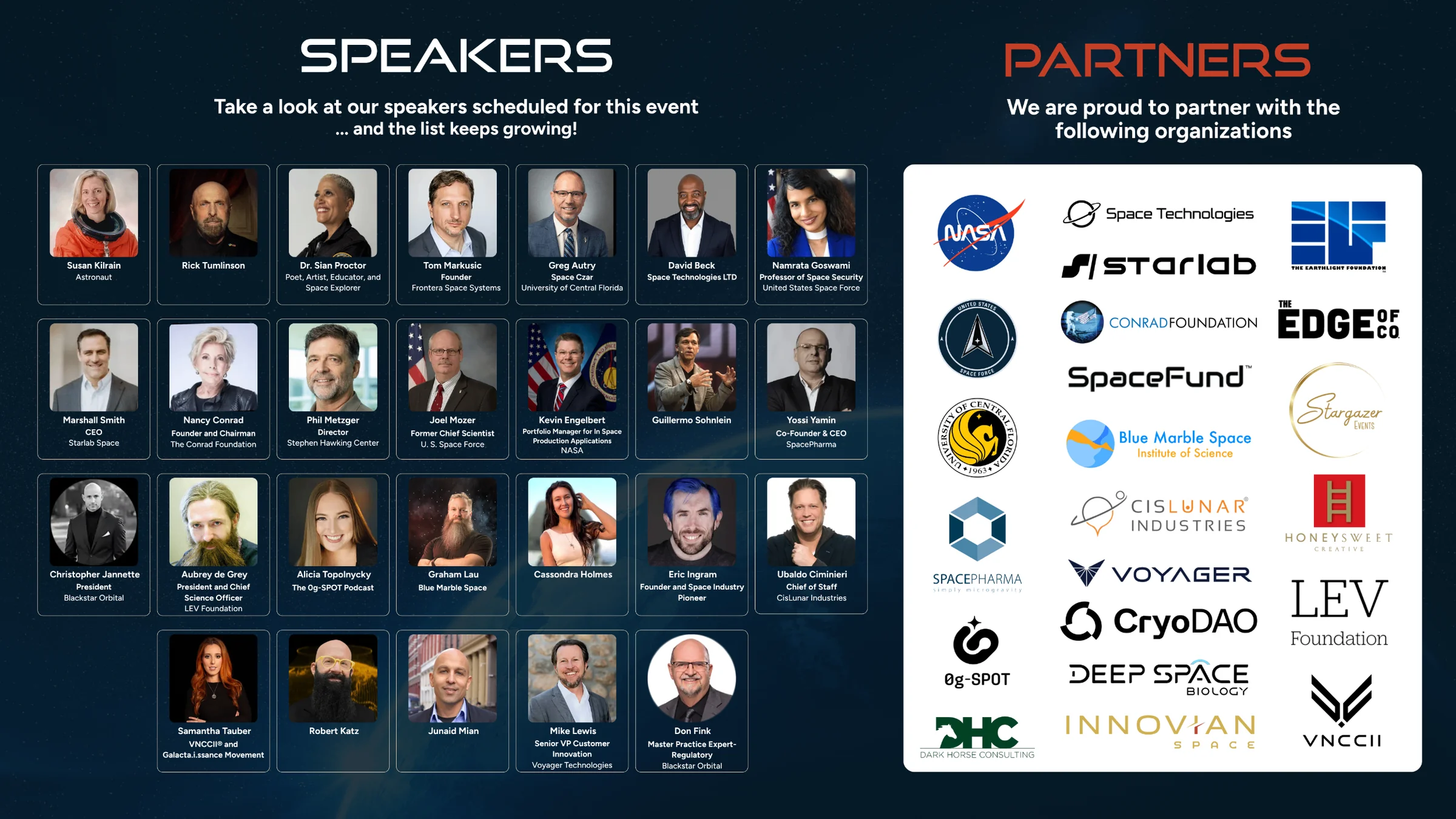 Speakers scheduled for this event and the partner organizations, including NASA, Starlab, Conrad Foundation, SpaceFund, Blue Marble Space and more.