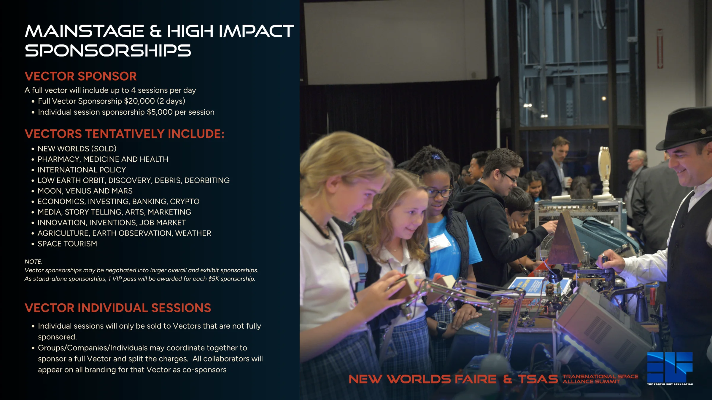 Vector Sponsor: full vector $20,000 for 2 days, individual sessions $5,000 each. Topics include pharmacy and health, international policy, low Earth orbit, Moon Venus and Mars, economics, media, innovation, agriculture and space tourism.